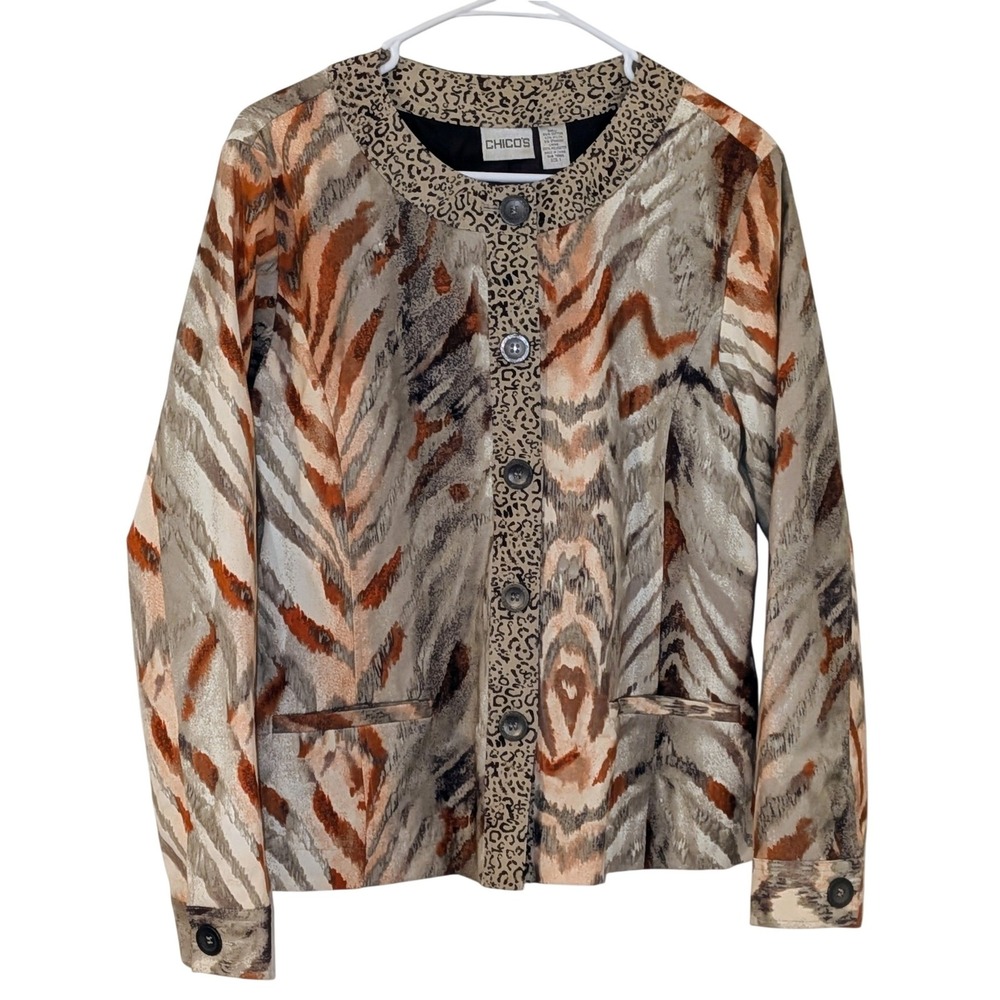 Chicos Animal Print Button Front Jacket Mixed Tiger Leopard Tan Brown Size M (1)